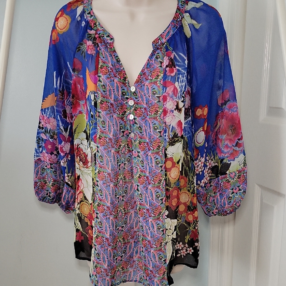 Figueora and Flower Blue and Pink Colorful Sheer Bohemian Blouse Size Medium